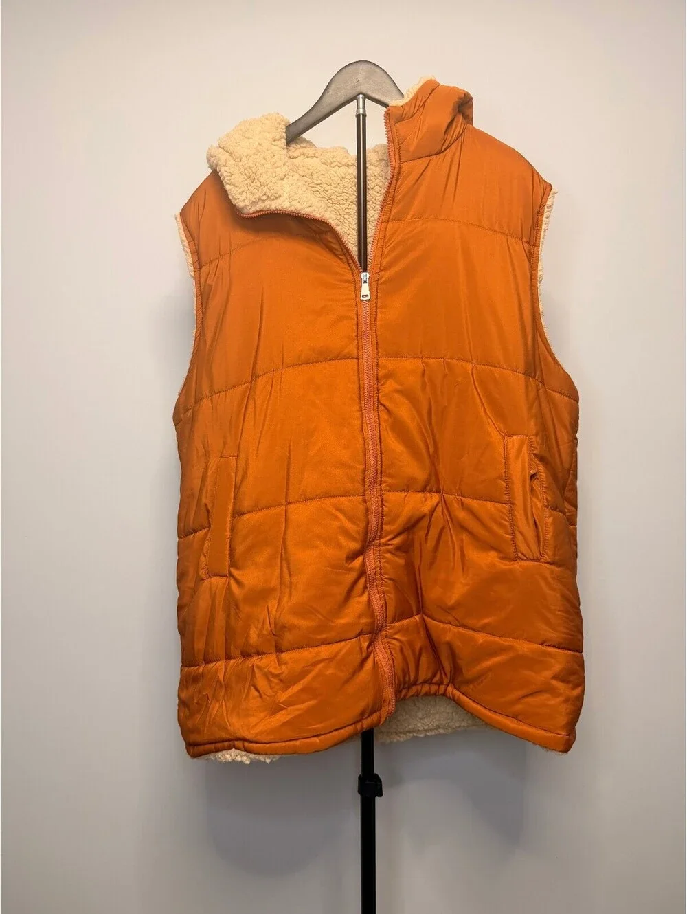 Orange Quilted Sleeveless Puffer Vest with Sherpa Lining, Size 3XL